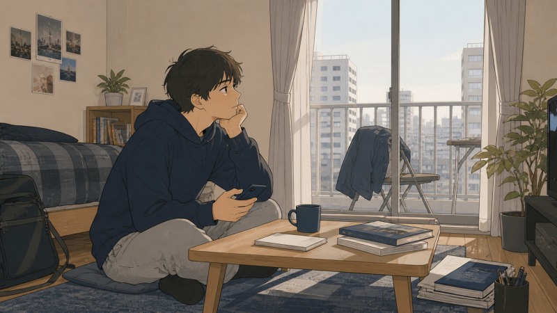 アパートの部屋で、20代男性がソファに座り、窓の外の街並みを眺めながらぼんやり転職活動について考えているイラスト。テーブルにはスマートフォン、ノート、本が置かれ、書店アルバイトから正社員への転職を「なんとなく」始める前の迷いや不安が伝わるワンシーン。