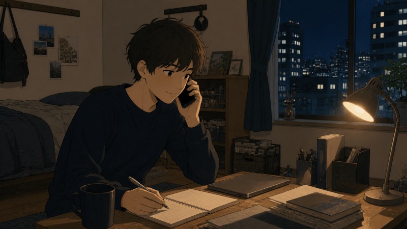 深夜のアパートの部屋で、20代男性がデスクライトの明かりの下、スマートフォンで転職エージェントの担当者と電話しながらノートにメモを取っているイラスト。シフト制の書店アルバイトを終えた後、24時を過ぎても自分の時間に合わせて支援してくれる担当者の存在に安心し、転職活動へ前向きになる場面。