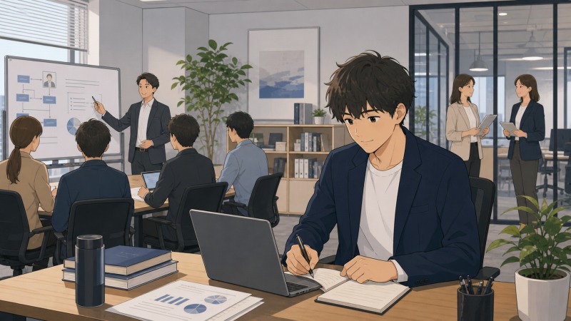 転職後の研修会社のオフィスで、20代男性がノートを取りながら法人営業や研修企画の仕事に取り組んでいるイラスト。背景では社員研修の打ち合わせやプレゼンが行われ、書店アルバイトから未経験で教育・研修業界へ転職した主人公が、新しい職場で学び始める場面。