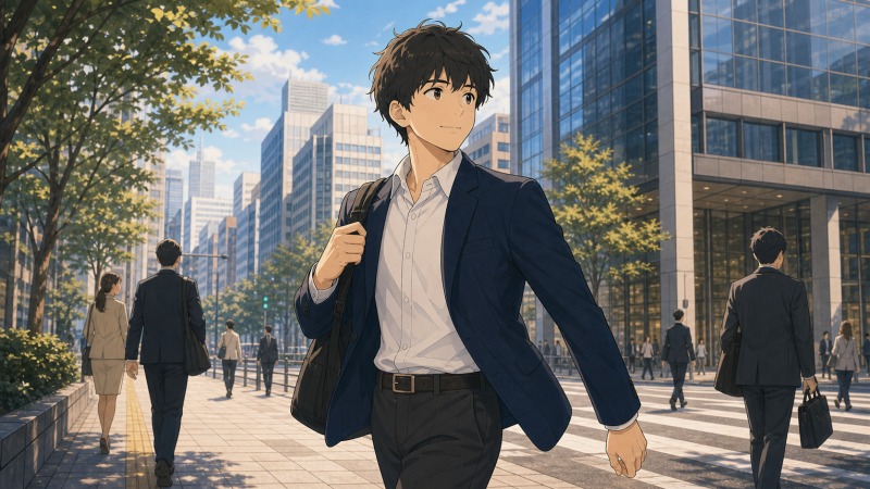 「社会人」として身につけるべきことをまずしっかり身につけたい。そう思っています。都会の朝を元気に出社する主人公