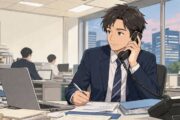 36歳の証券印刷会社の営業マンが、夕暮れのオフィスで電話対応をしながら投資家向け広報資料の書類を確認している様子。繁忙期の忙しさと営業職としての緊張感が伝わる転職体験談のワンシーン。
