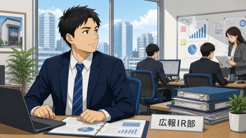上場して間もないベンチャー企業の広報IR部で、36歳の男性がIR担当者として新しい職場に着任し、投資家向け資料や業績グラフを前に前向きな表情で仕事を始めている転職後のワンシーン。