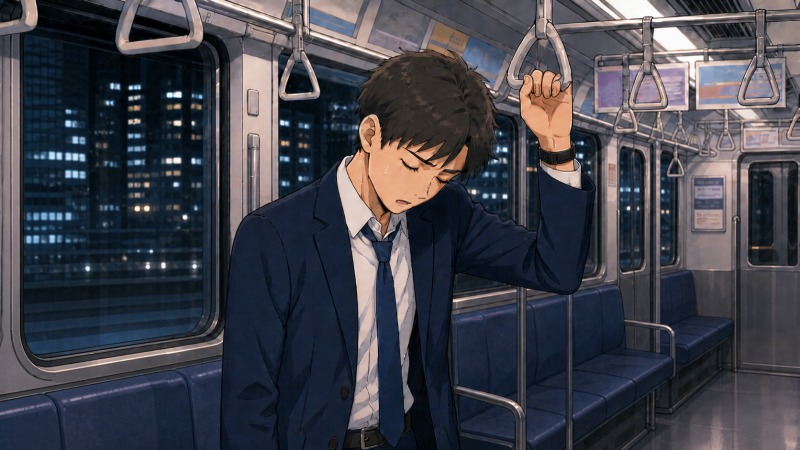 終電の電車内で、投資マンション営業の男性が疲れ切った表情でつり革を握ったまま転寝している転職体験談のワンシーン。夜景が見える車内には仕事帰りの乗客がまばらに立ち、長時間労働と厳しい営業ノルマによる疲労感が伝わる。
