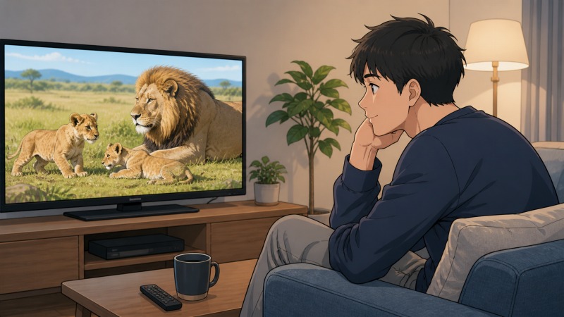 自宅のリビングで、投資マンション営業を辞めたいと悩む男性がテレビの動物特集を見ながら、子どもの頃から動物が好きだったことを思い出す転職体験談のワンシーン。畜産業界や牧場スタッフへの異業種転職を考えるきっかけになった穏やかな場面。