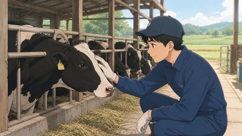 家族経営の牧場に転職した男性が、初めて牛と触れ合いながら恐る恐る手を伸ばす転職体験談のワンシーン。職員は自分ひとりという小さな酪農の職場で、未経験から牧場スタッフとして新しい仕事に向き合う様子が描かれている。