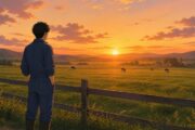 夕暮れの牧場で、青い作業着を着た男性が木の柵の前に立ち、広がる牧草地と放牧された牛たちを静かに眺めている転職体験談のワンシーン。投資マンション営業から牧場スタッフへ異業種転職し、自然の中で新しい働き方と穏やかな生活を見つめ直す様子が描かれている。