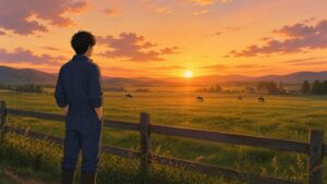 夕暮れの牧場で、青い作業着を着た男性が木の柵の前に立ち、広がる牧草地と放牧された牛たちを静かに眺めている転職体験談のワンシーン。投資マンション営業から牧場スタッフへ異業種転職し、自然の中で新しい働き方と穏やかな生活を見つめ直す様子が描かれている。