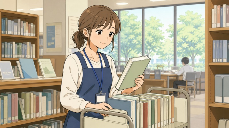20代後半で図書館の嘱託職員として働き始めた女性司書が、明るい図書館で本の整理をしている転職体験談のイラスト。本好きな女性が資格を活かし、穏やかな表情で本棚とブックカートに囲まれて働く様子。