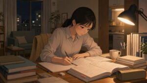 図書館司書の女性が、仕事を終えた夜に自宅の机へ向かい、公務員採用試験の勉強に打ち込んでいる場面。参考書やノートを広げ、静かな部屋で一人黙々と勉強を続ける姿から、転職活動と仕事の両立に励む真剣な様子が伝わるイラスト。