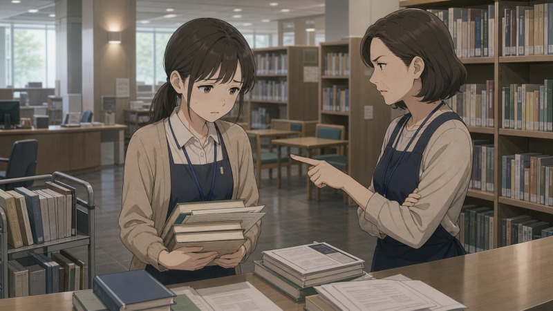 図書館で正規職員になった女性司書が、以前は親しかった同僚司書から冷たい表情でミスを指摘され、書類と本を抱えたまま落ち込んでいる場面。転職後の立場の変化により、職場の人間関係に悩み精神的なプレッシャーを受ける様子。