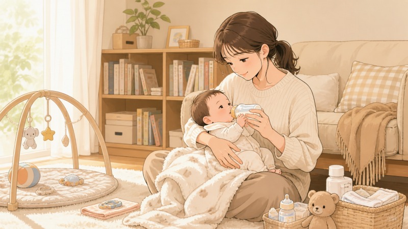 育休中の女性司書が、自宅の明るいリビングで生後半年の赤ちゃんを抱き、哺乳瓶でミルクをあげている場面。子どもの誕生をきっかけに育児休業を取得し、図書館司書としての復帰を見据えながら穏やかに子育てをする母親の様子。
