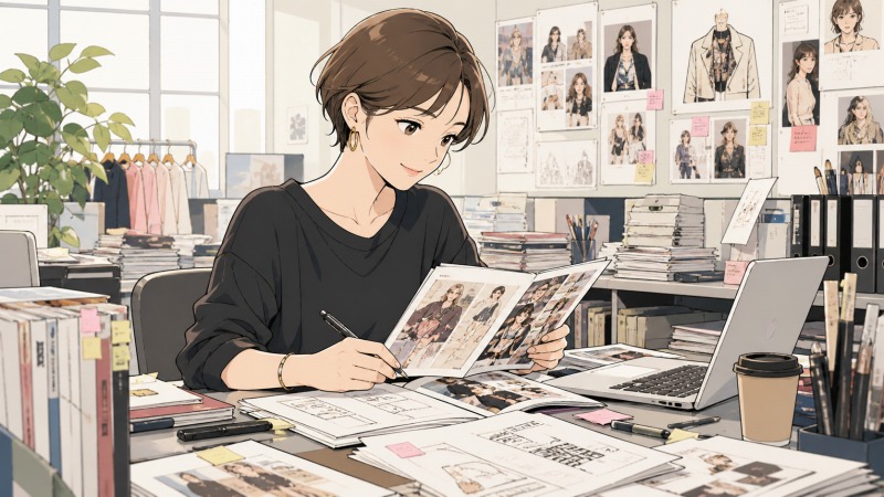 アパレル雑誌編集者として働くショートカットの女性が、出版社の明るい編集部でファッション誌の誌面を確認しながら赤入れをしている。周囲には洋服ラック、雑誌の束、企画資料が並び、転職前のやりがいある編集業務に前向きに取り組む様子が描かれている。