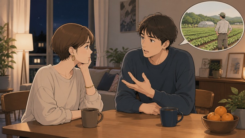 夜の自宅リビングで、夫が脱サラして農業を始めたいという夢を真剣に語り、ショートカットの妻が驚きと戸惑いを抱きながら耳を傾けている。温かな照明の室内と、夫の思い描く農村の畑が対比され、夫婦で地方移住と農業転職を考え始める転機の場面を表している。