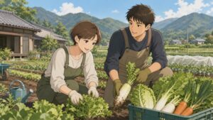農村地域に移住した夫婦が、山あいの畑で農業を始め、作業着姿で野菜の収穫に取り組んでいる。出版社勤務から未経験で農家へ転職した女性が、夫と力を合わせながらゼロから新しい仕事と暮らしを始める前向きな場面。