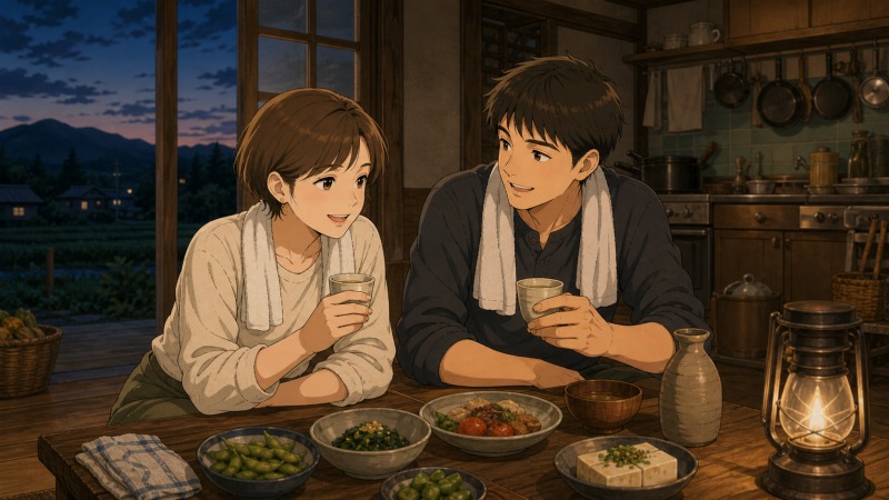 農業の仕事を終えた夫婦が、夜の古民家の食卓で晩酌を楽しみながら笑顔で語り合っている。窓の外には農村の畑と山並みが広がり、未経験で農業へ転職した女性が、夫との時間を日々のストレス発散と生きがいにしている様子を描いた場面。