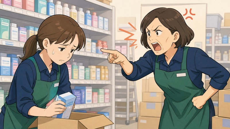 開店前のドラッグストアで商品補充をする女性アルバイトが、短気な店長から強い口調で叱責され、ストレスの標的にされて落ち込んでいる転職体験談のワンシーン。