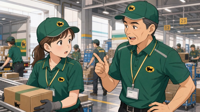 ヤマト運輸の物流基地で仕分けアルバイトを始めた女性が、荷捌き現場を取り仕切る50代の社員から厳しくも親身な教育を受け、反発しながらも信頼関係を築き始めている転職体験談のワンシーン。