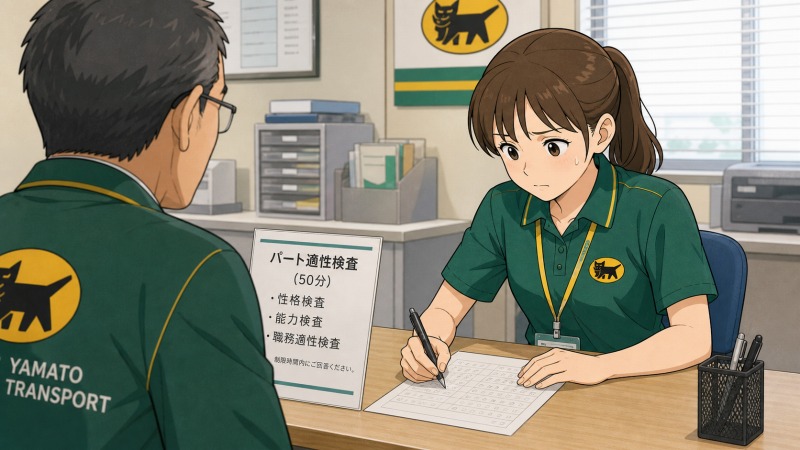ヤマト運輸のセンター事務員に応募した女性が、面接当日に突然パート採用の適性検査を受けることになり、緊張しながら検査用紙に記入している転職体験談のワンシーン。