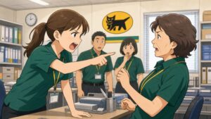 ヤマト運輸のセンター事務所で、入社後に厳しい態度を受け続けた女性パート社員が、我慢の限界を迎えて年上の女性パートスタッフに激怒し、周囲の同僚が驚いて見守る転職体験談のワンシーン。