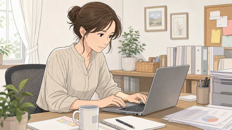 会社組織での人間関係に悩んだ女性が、自宅の明るいワークスペースでノートパソコンを使い、フリーランスとして自分の時間を大切にしながらデスクワークに取り組む転職体験談のワンシーン。
