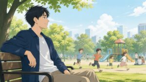 休日の都市公園で、短髪の男性がベンチに腰掛け、遊具で遊ぶ子どもたちを穏やかな表情で見つめている。1社目と2社目の転職経験を経て視野が広がり、今の会社で本気で頑張れると感じている主人公の前向きな心境を表した場面。
