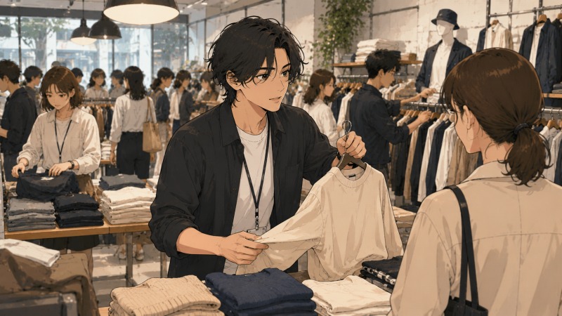都内のアパレルショップで、ややロン毛の男性販売員が忙しい店内で服を整えながら接客準備をしている。平日でも多くの来店客で混雑する売り場の中、13年間勤務したアパレル会社で販売経験を積む転職体験談のワンシーン。