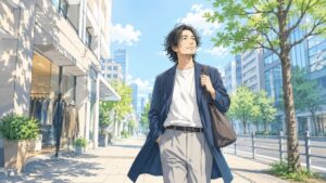 今思っているのは、「ブランド系企業に戻ってもう一度チャレンジしたい」ということ。 青空の下、出勤する主人公