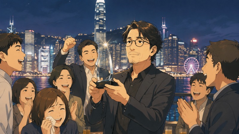 香港の夜景を背景に、ITベンチャー企業の事業部表彰で丸眼鏡の中年男性取締役がトロフィーを受け取り、同僚たちが拍手やうれし泣きで成功を喜ぶ転職体験談のワンシーン。