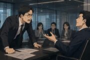 ITベンチャー企業の会議室で、丸眼鏡をかけた中年男性取締役が代表に詰め寄り、周囲の社員が緊張した表情で見守る険悪な経営会議のワンシーン。