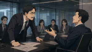 ITベンチャー企業の会議室で、丸眼鏡をかけた中年男性取締役が代表に詰め寄り、周囲の社員が緊張した表情で見守る険悪な経営会議のワンシーン。