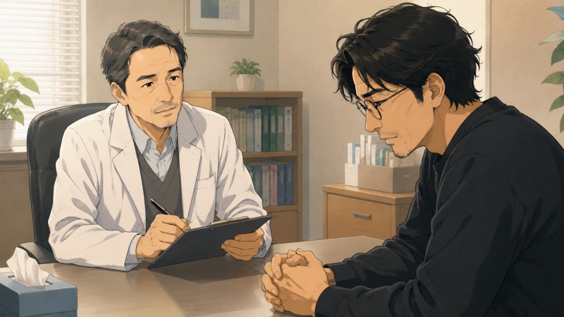 心療内科の診察室で、丸眼鏡をかけた中年男性がうつ病と診断され、医師の前でうつむきながら疲弊と戸惑いを抱えている転職体験談のワンシーン。
