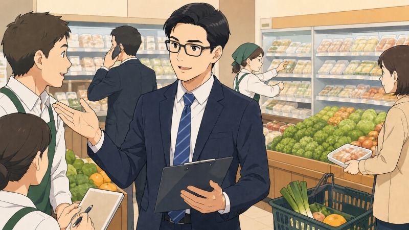 黒縁メガネで七三分けの30代男性課長が、食品販売部門の売り場でスタッフを統括しながら接客にも立つ様子。青いスーツ姿でクリップボードを持ち、野菜や食品が並ぶ店内で従業員やお客様と関わる、販売・営業職の忙しい現場を描いた転職体験談のイラスト。