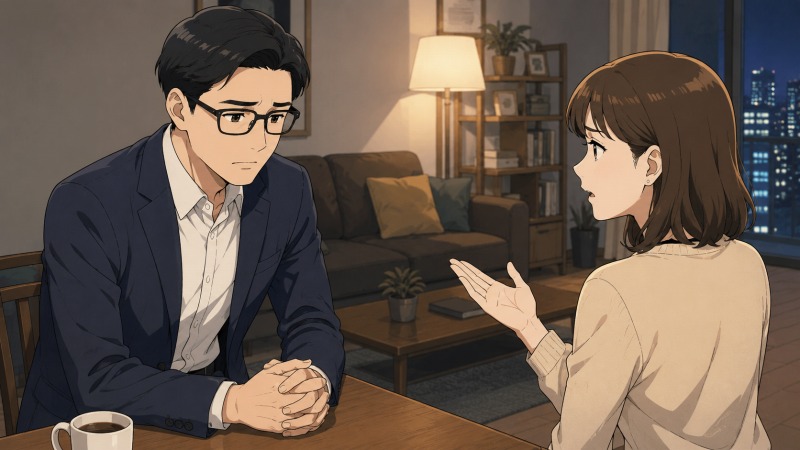 夜の自宅リビングで、黒縁メガネで七三分けの30代男性が、結婚を前提に交際していた彼女から別れを告げられ、うつむいて沈黙している場面。長時間労働で将来の生活を描けなくなった転職体験談の転機を、重い空気と寂しい表情で表現したイラスト。