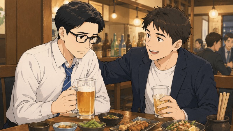 居酒屋の飲み会で、黒縁メガネで七三分けの30代男性が落ち込んだ表情でビールを持ち、友人が肩に手を置いて慰めている場面。転職活動中の不安や失恋後の孤独を、友人の支えによって少しずつ癒やされていく転職体験談のワンシーンとして描いたイラスト。