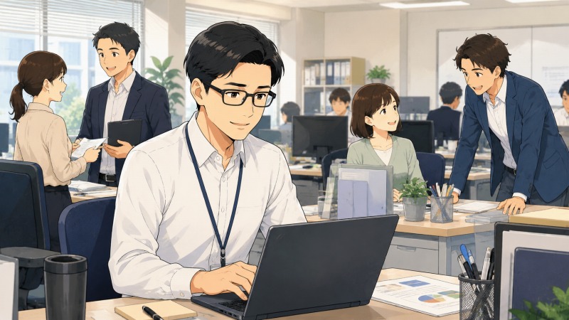 明るいオフィスで、黒縁メガネで七三分けの30代男性がノートパソコンに向かい、周囲の同僚たちが穏やかに会話している場面。転職後に別の会社で働き始め、人間関係が良好な職場で少しずつ自分らしく働けている様子を描いた転職体験談のイラスト。></div>

<p>
今回の転職で、<span class=