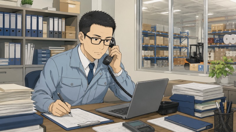 製造メーカーの購買課長として働くスポーツ刈りで眼鏡の40代男性が、倉庫を背景にデスクで電話対応をしながら原材料や包装材料の発注書を確認し、在庫管理と納期管理に追われている転職体験談のワンシーン。