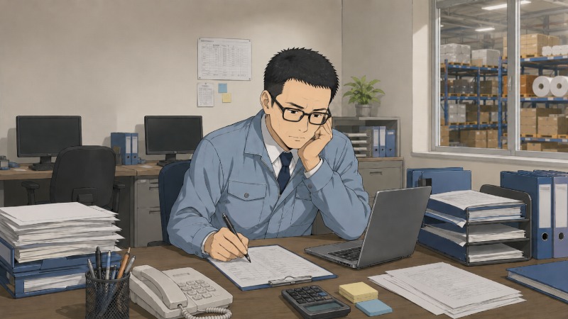 部下が次々と退職し、製造メーカーの購買課長であるスポーツ刈りで眼鏡の40代男性が、空席の目立つ事務所で一人だけ大量の書類処理と在庫管理・納期管理に追われ、孤独と疲労を感じている転職体験談のワンシーン。