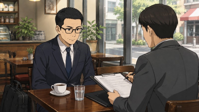 近くの喫茶店を面接会場として、スポーツ刈りで眼鏡をかけた40代男性がスーツ姿で面談担当者と向き合い、転職活動中の緊張と期待を抱きながら購買担当求人の面接を受けているワンシーン。