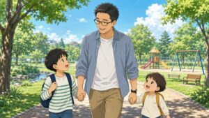 スポーツ刈りで眼鏡をかけた40代男性が、晴れた公園の遊歩道で二人の子どもと手をつないで散歩している。転職の挫折を乗り越え、父親として子どもに前向きで生き生きとした姿を見せたいという思いを表した家族のワンシーン。