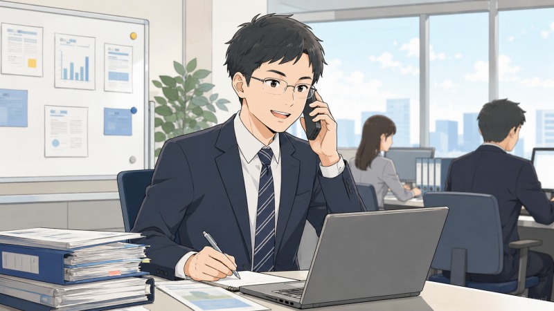 大手損害保険会社で営業職として働く30代男性。短髪にふちなし眼鏡、紺色のスーツ姿で、電話対応をしながらデスクで資料作成を進めている。忙しいオフィスには同僚たちも働いており、営業ノルマや長時間労働の中でも仕事にやりがいを感じながら働く、転職前の保険営業マンの日常風景。