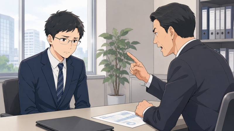 大手損害保険会社の1on1面談で、短髪・ふちなし眼鏡の30代男性営業職が上司から小言を言われ、うつむき気味に違和感と不安を抱えているオフィスの情景。