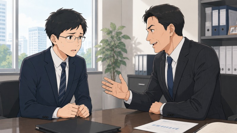 退職と保険代理店への転職を上司に伝えた短髪・ふちなし眼鏡の30代男性が、叱責を覚悟して緊張する中、上司から理解と支援を示されて驚くオフィス面談の情景。