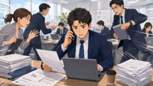 経験者採用で入社した30代男性が、スピード感のある新しい職場で電話対応や資料確認に追われ、周囲からの期待とプレッシャーに必死についていこうとしている場面。人材紹介会社での転職後の緊張感と業務量の多さを描いたイラスト。