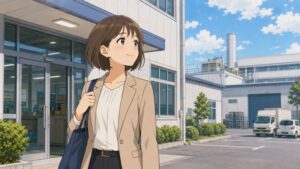 24歳で製造業の会社に事務職として入社したショートボブの女性が、工場併設のオフィス前に立つ様子を描いたアニメ風イラスト。知人の紹介で働き始めた頃の希望と緊張感を表現し、製造業の職場環境や若手事務職の転職前キャリアをイメージできるシーン。