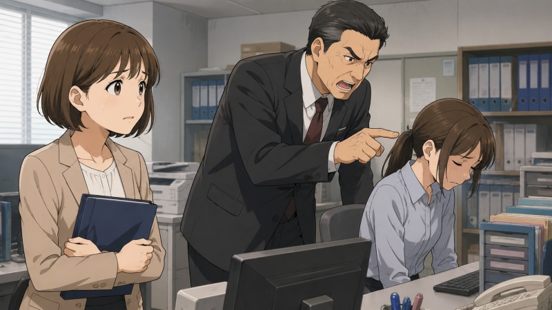 製造業の事務所で、社長から陰湿な嫌がらせを受けてうつむく同僚を、ショートボブの女性が辛そうに見守るアニメ風イラスト。ブラック企業でのパワハラ、退職前の同僚への嫌がらせ、転職を決意するきっかけを表現した職場シーン。