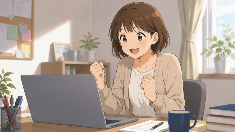 転職活動中のショートボブの女性が、自宅のPCに届いた採用内定メールを見て喜ぶアニメ風イラスト。未経験からIT企業への転職活動で内定を得た瞬間の安心感、達成感、キャリアチェンジ成功への希望を表現している。