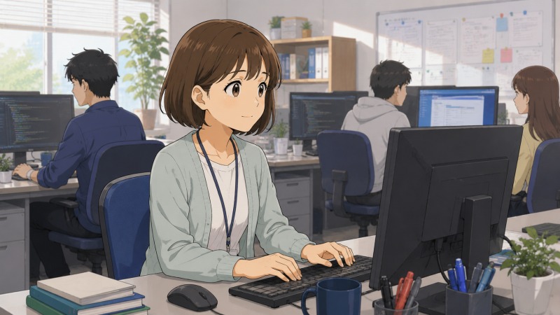 教育系Webサービス開発会社の明るいオフィスで、ショートボブの女性がプログラマーとしてPCに向かい働き始めるアニメ風イラスト。未経験からIT業界へ転職し、システム開発の現場で新しいキャリアを歩み出す様子を表現している。