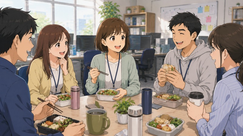 教育系Webサービス開発会社の明るいオフィスで、ショートボブの女性を中心に社員たちが笑顔でランチを楽しむアニメ風イラスト。社員全員が働きやすい環境づくり、良好な人間関係、IT企業での安心できる職場文化を表現している。