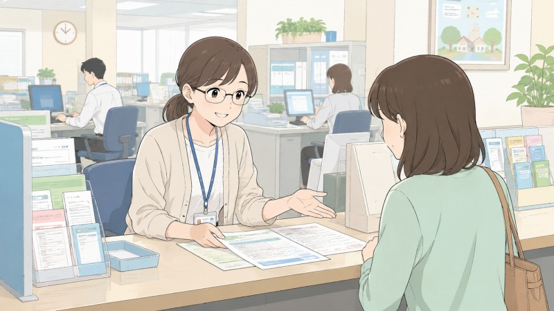 市役所の窓口で住民対応を行う眼鏡姿の女性職員。書類を案内しながら落ち着いた表情で接客しており、周囲では他の職員が事務作業を進めている。公務員として窓口・受付業務に慣れ、やりがいを感じながら働いていた頃のワンシーン。