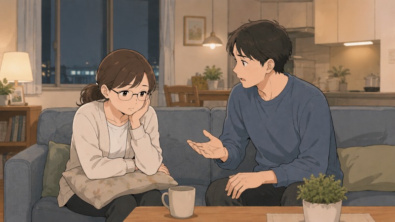仕事のストレスで自分を責める眼鏡姿の女性が、夜のリビングで暗い表情を浮かべている。隣の夫が心配そうに声をかけ、転職を考えるきっかけとなった家庭での会話を描いたワンシーン。